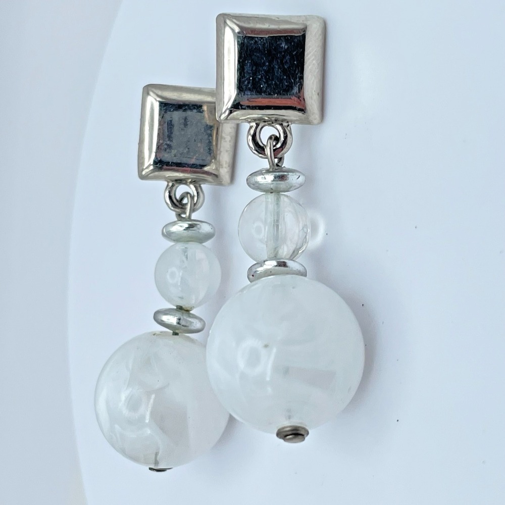 Vintage Y2K White Marbled Beaded Silver Tone Dangle Earrings Women's Jewelry 90s